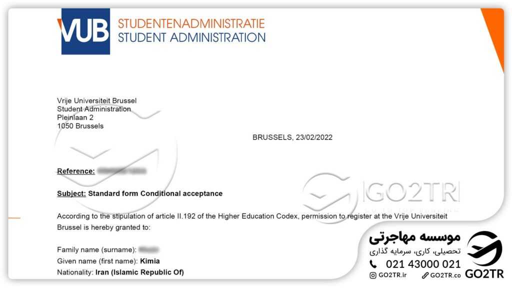 اخذ نامه پذیرش از دانشگاه وریج بروکسل توسط کارشناسان GO2TR