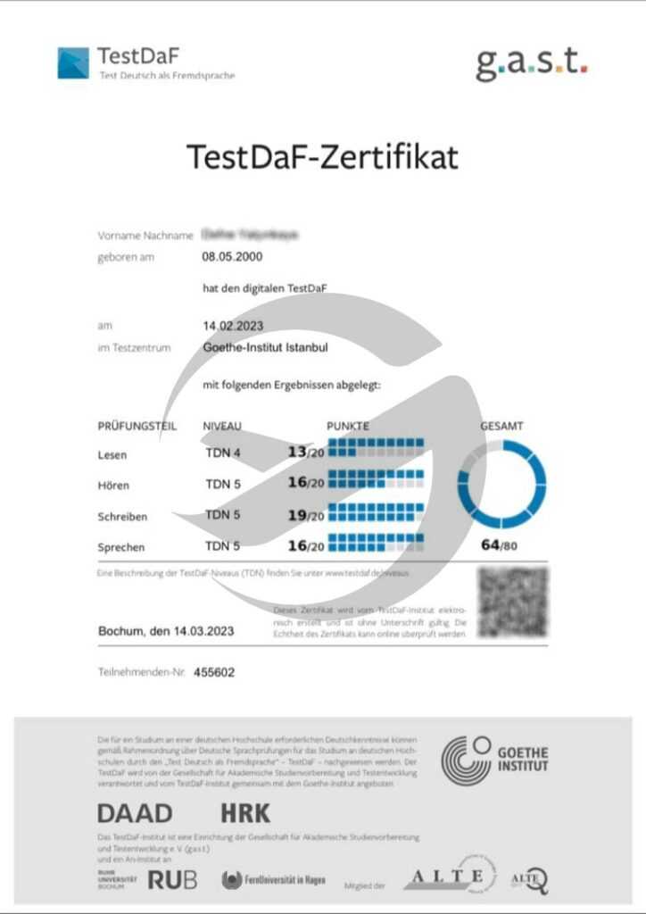 نمونه برگه نتیجه آزمون Testdaf