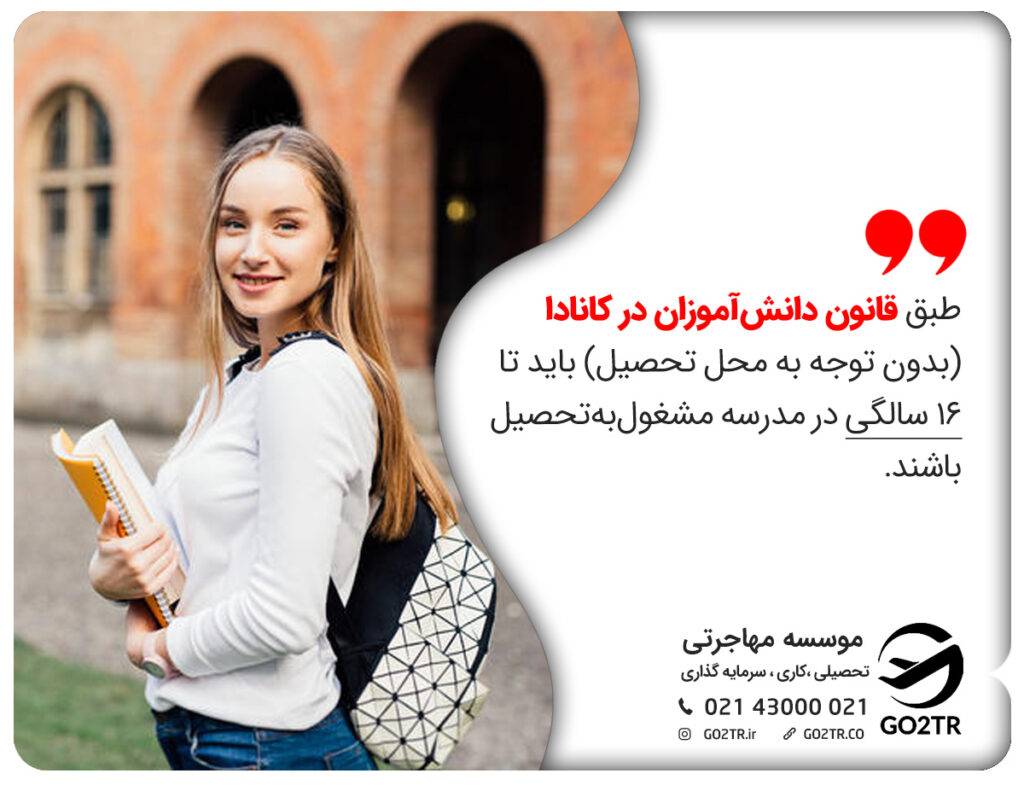 طبق قانون و نظام آموزش کانادا، دانش‌آموزان در کانادا (بدون توجه به محل تحصیل) باید تا ۱۶ سالگی در مدرسه مشغول‌به‌تحصیل باشند.
