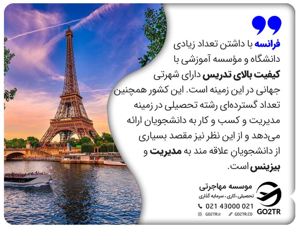 فرانسه با داشتن تعداد زیادی دانشگاه و مؤسسه آموزشی با کیفیت بالای تدریس دارای شهرتی جهانی در این زمینه است. این کشور همچنین تعداد گسترده‌ای رشته تحصیلی در زمینه مدیریت و کسب و کار به دانشجویان ارائه می‌دهد و از این نظر نیز مقصد بسیاری از دانشجویانِ علاقه مند به مدیریت و بیزینس است.
