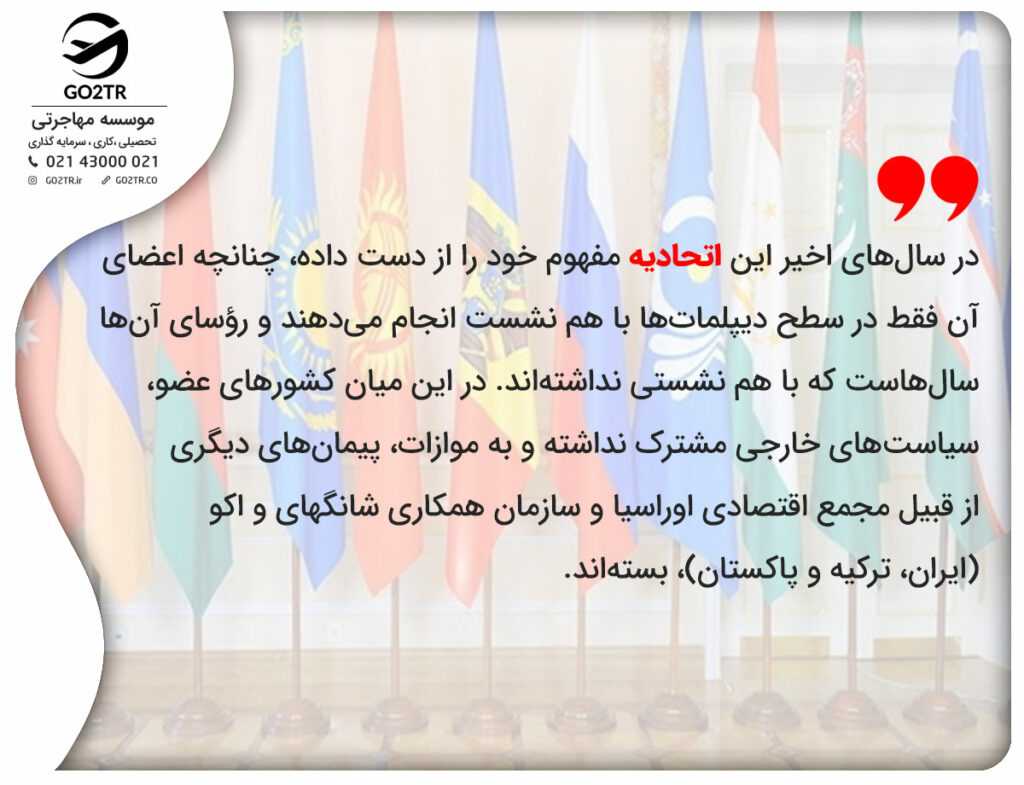 در سال‌های اخیر این اتحادیه مفهوم خود را از دست داده، چنانچه اعضای آن فقط در سطح دیپلمات‌ها با هم نشست انجام می‌دهند و رؤسای آن‌ها سال‌هاست که با هم نشستی نداشته‌اند. در این میان کشورهای عضو، سیاست‌های خارجی مشترک نداشته و به موازات، پیمان‌های دیگری از قبیل مجمع اقتصادی اوراسیا و سازمان همکاری شانگهای و اکو (ایران، ترکیه و پاکستان)، بسته‌اند.