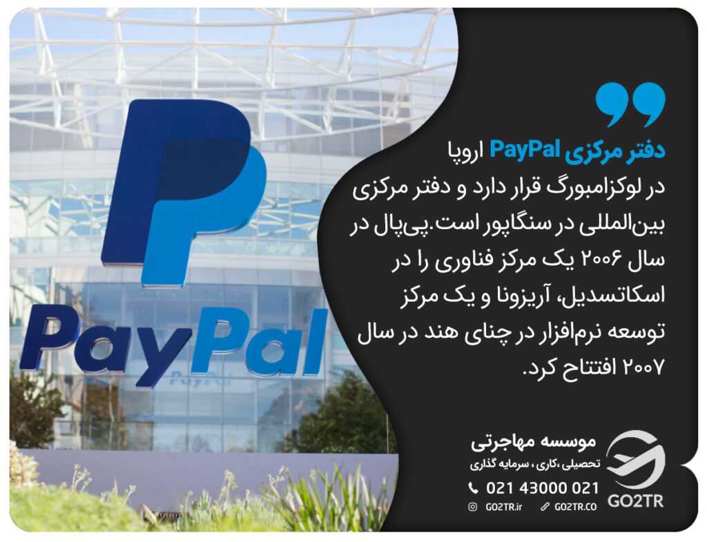 دفتر مرکزی PayPal اروپا در لوکزامبورگ قرار دارد و دفتر مرکزی بینالمللی در سنگاپور است. پیپال در سال 2006 یک مرکز فناوری را در اسکاتسدیل، آریزونا و یک مرکز توسعه نرمافزار در چنای هند در سال 2007 افتتاح کرد.