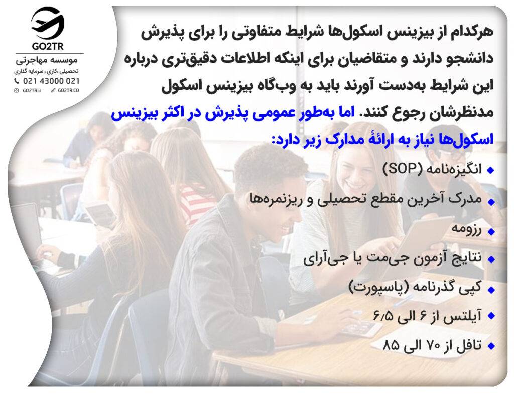 هرکدام از بیزینس اسکول‌ها شرایط متفاوتی را برای پذیرش دانشجو دارند و متقاضیان برای اینکه اطلاعات دقیق‌تری درباره این شرایط به‌دست‌ آورند باید به وب‌گاه بیزینس اسکول مدنظرشان رجوع کنند. 