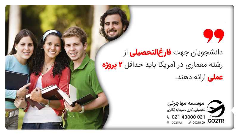 دانشجویان جهت فارغالتحصیلی از رشته معماری در آمریکا باید حداقل 2 پروژه عملی ارائه دهند.