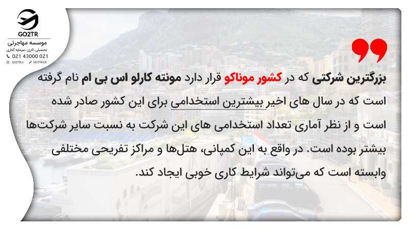 بزرگترین شرکتی که در کشور موناکو قرار دارد مونته کارلو اس بی ام نام گرفته است که در سال های اخیر بیشترین استخدامی برای این کشور صادر شده است و از نظر آماری تعداد استخدامی های این شرکت به نسبت سایر شرکتها بیشتر بوده است. در واقع به این کمپانی، هتلها و مراکز تفریحی مختلفی وابسته است که میتواند شرایط کاری خوبی ایجاد کند.