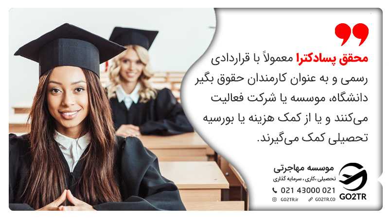 محقق پسادکترا در اتریش معمولاً با قراردادی رسمی و به عنوان کارمندان حقوق بگیر دانشگاه، موسسه یا شرکت فعالیت میکنند و یا از کمک هزینه یا بورسیه تحصیلی کمک میگیرند.