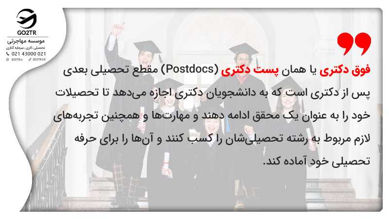 فوق دکتری یا همان پست دکتری (Postdocs) مقطع تحصیلی بعدی پس از دکتری است که به دانشجویان دکتری اجازه میدهد تا تحصیلات خود را به عنوان یک محقق ادامه دهند و مهارتها و همچنین تجربههای لازم مربوط به رشته تحصیلیشان را کسب کنند و آنها را برای حرفه تحصیلی خود آماده کند.