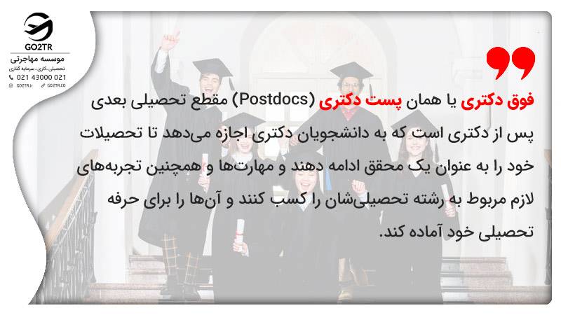 فوق دکتری یا همان پست دکتری (Postdocs) مقطع تحصیلی بعدی پس از دکتری است که به دانشجویان دکتری اجازه می‌دهد تا تحصیلات خود را به عنوان یک محقق ادامه دهند و مهارت‌ها و همچنین تجربه‌های لازم مربوط به رشته تحصیلی‌شان را کسب کنند و آن‌ها را برای حرفه تحصیلی خود آماده کند.