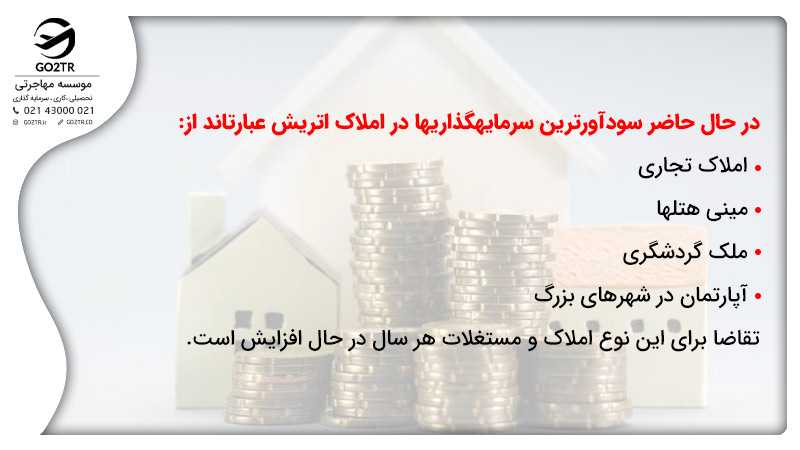  در حال حاضر سودآورترین سرمایه‌گذاری‌ها در املاک اتریش عبارت‌اند از:
املاک تجاری
مینی هتل‌ها
ملک گردشگری
آپارتمان در شهرهای بزرگ