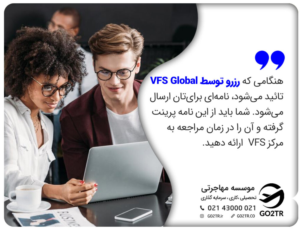هنگامی که رزرو توسط VFS Global تائید می‌شود، نامه‌ای برای‌تان ارسال می‌شود. شما باید از این نامه پرینت گرفته و آن را در زمان مراجعه به مرکز VFS  ارائه دهید.