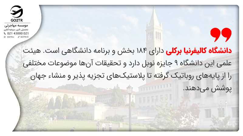 دانشگاه كاليفرنيا برکلی دارای ۱۸۴ بخش و برنامه دانشگاهی است. هیئت علمی این دانشگاه ۹ جایزه نوبل دارد و تحقیقات آنها موضوعات مختلفی را از پایههای روباتیک گرفته تا پلاستیکهای تجزیه پذیر و منشاء جهان پوشش میدهند.