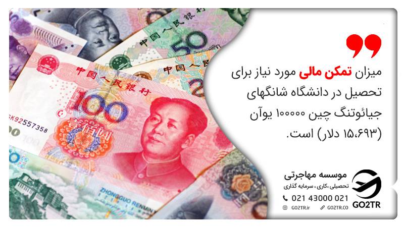 میزان تمکن مالی مورد نیاز برای تحصیل در دانشگاه شانگهای جیائوتنگ چین ۱۰۰۰۰۰ یوآن (۱۵،۶۹۳ دلار) است