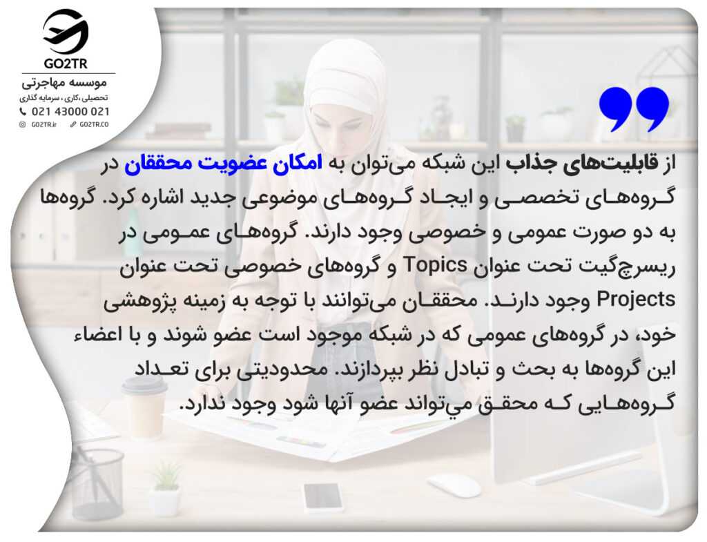 قابلیت‌های شبکه اجتماعی ریسرچ گیت