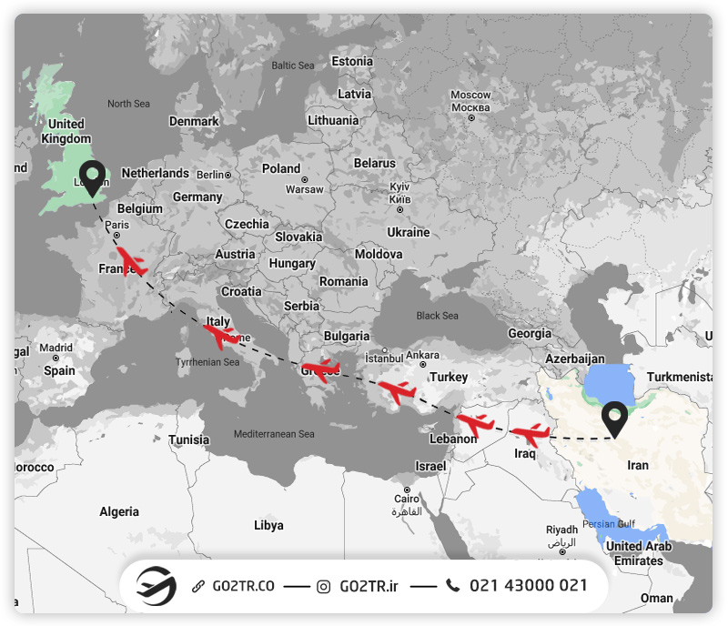 مسیر هوایی ایران به انگلستان و کشورهایی که از آن میگ‌ذرد