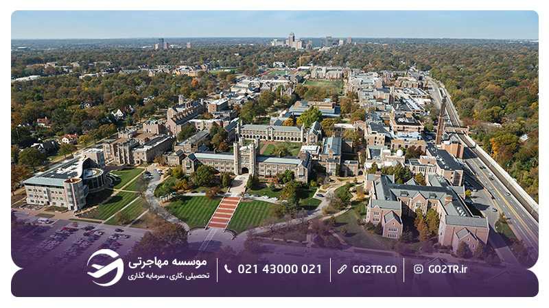 تصویری از نمای بالای پردیس دانفورث دانشگاه واشینگتن سنت لوئیس آمریکا