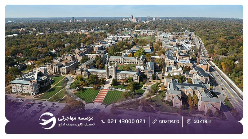 تصویری از نمای بالای پردیس دانفورث دانشگاه واشینگتن سنت لوئیس آمریکا