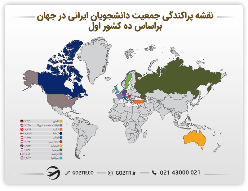تقشه پراکندگی دانشجویان ایرانی در جهان بر اساس ده کشور اول