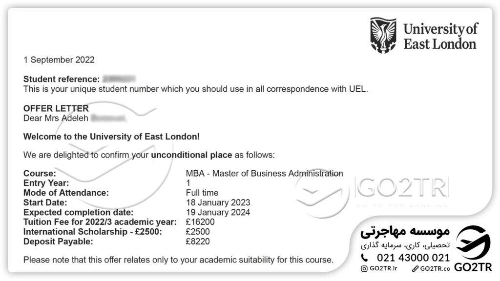 اخذ پذیرش کارشناسی ارشد MBA از دانشگاه East London انگلستان توسط کارشناسان GO2TR
