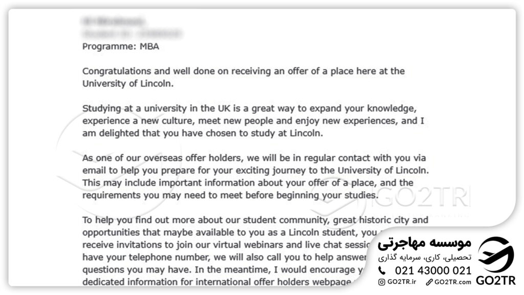 نامه اخذ پذیرش از دانشگاه لینکلن انگلستان توسط کارشناسان GO2TR
