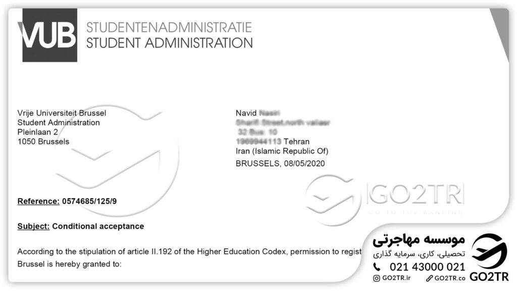 اخذ پذیرش از دانشگاه وریج بروکسل بلژیک توسط کارشناسان مهاجرتی GO2TR