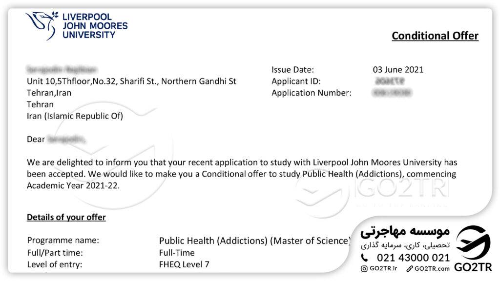 اخذ نامه پذیرش از دانشگاه جان مورز لیورپول انگلستان توسط کارشناسان GO2TR