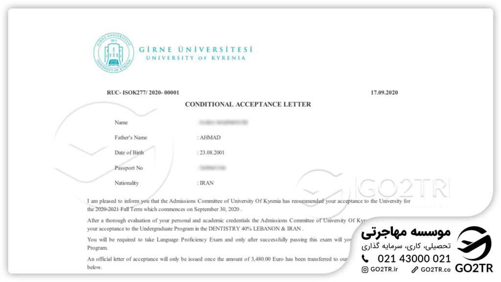 اخذ نامه پذیرش در رشته دندانپزشکی دانشگاه گیرنه قبرس شمالی توسط کارشناسان GO2TR