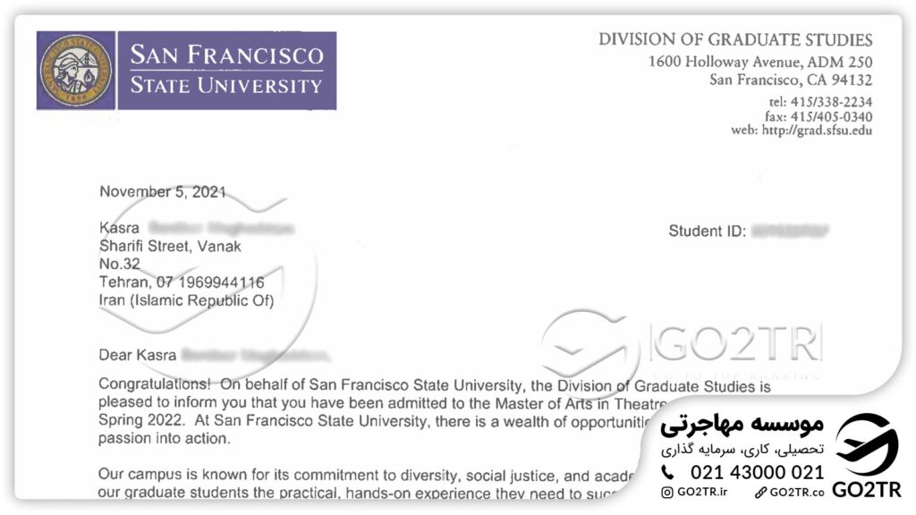 اخذ پذیرش در مقطع کارشناسی ارشد دانشگاه ایالتی سانفرانسیکو آمریکا توسط کارشناسان GO2TR
