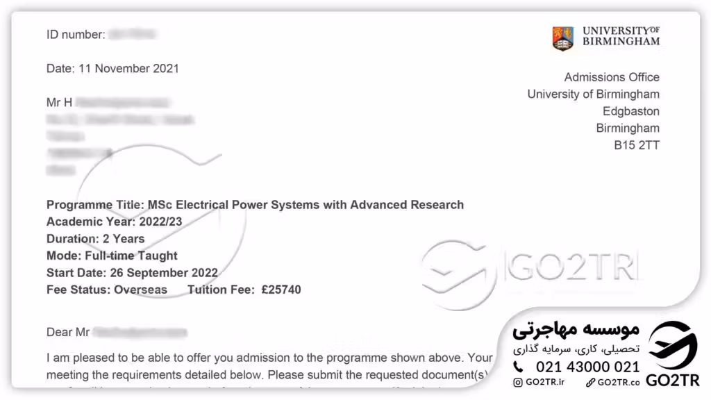 اخذ نامه پذیرش در رشته مهندسی برق دانشگاه بیرمنگام انگلستان توسط کارشناسان GO2TR