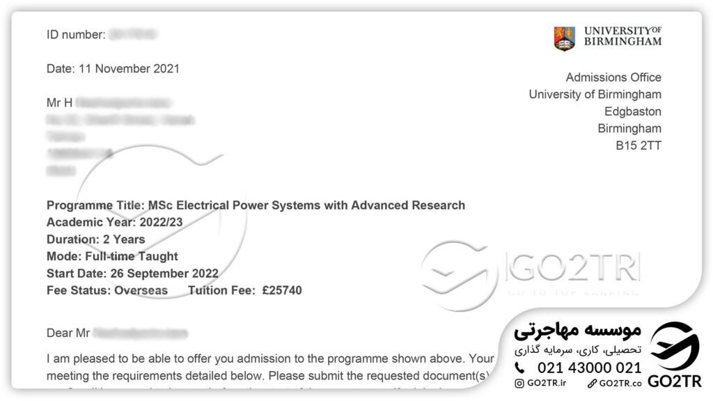 اخذ نامه پذیرش در رشته مهندسی برق از دانشگاه بیرمنگام انگلستان توسط کارشناسان GO2TR