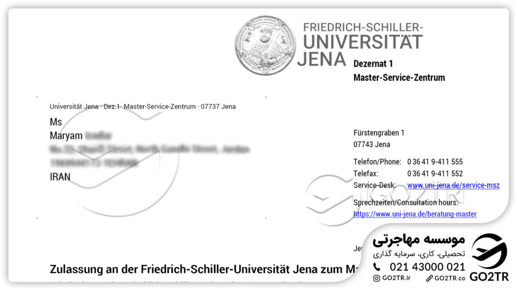 اخذ نامه پذیرش در مقطع کارشناسی ارشد از دانشگاه ینا آلمان توسط کارشناسان GO2TR
