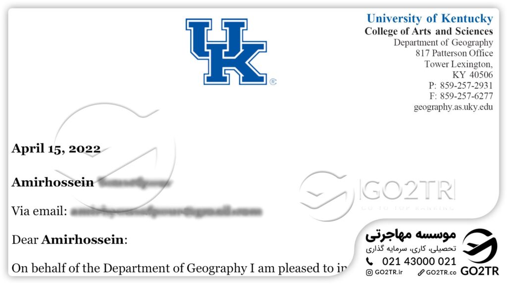 اخذ نامه پذیرش از دانشگاه کنتاکی آمریکا توسط کارشناسان GO2TR
