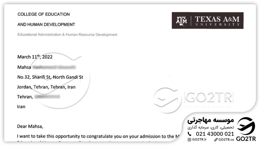 اخذ نامه پذیرش از دانشگاه ای اند ام تگزاس آمریکا توسط کارشناسان GO2TR
