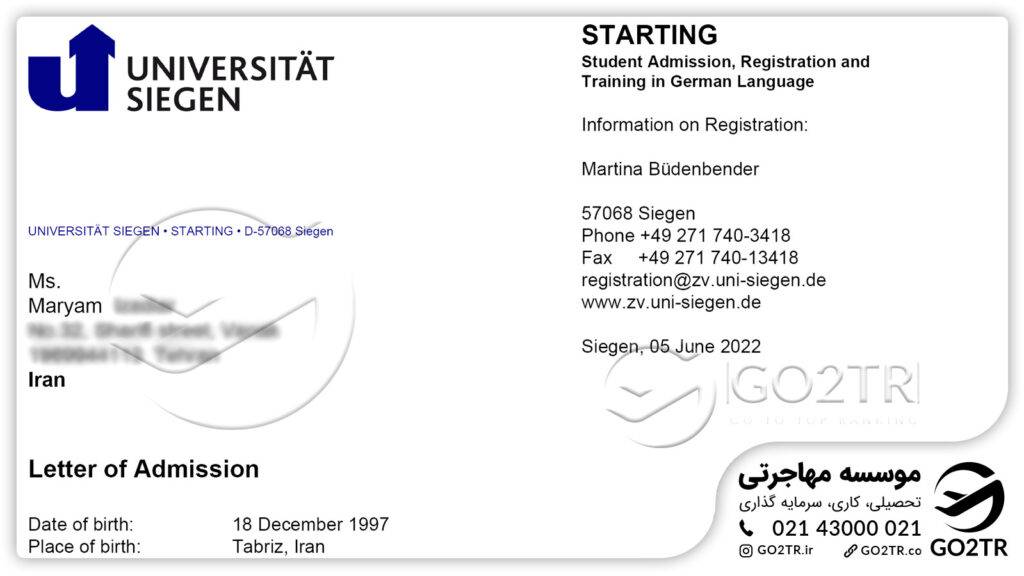 اخذ نامه پذیرش از دانشگاه زیگن آلمان توسط کارشناسان GO2TR
