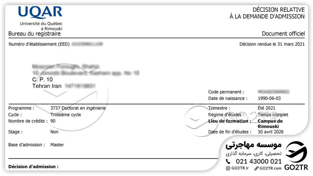 اخذ نامه پذیرش از دانشگاه کبک کانادا توسط کارشناسان GO2TR