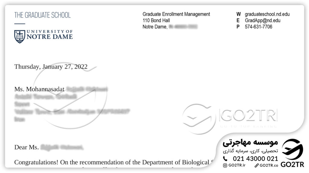 اخذ نامه پذیرش از دانشگاه نوتردام آمریکا توسط کارشناسان GO2TR