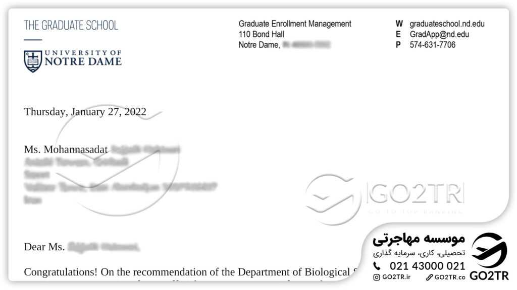 اخذ نامه پذیرش از دانشگاه نوتردام آمریکا توسط کارشناسان GO2TR