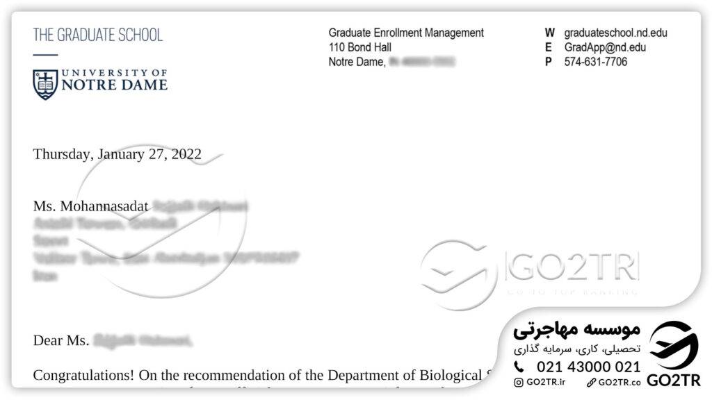 اخذ نامه پذیرش از دانشگاه نوتردام آمریکا توسط کارشناسان GO2TR