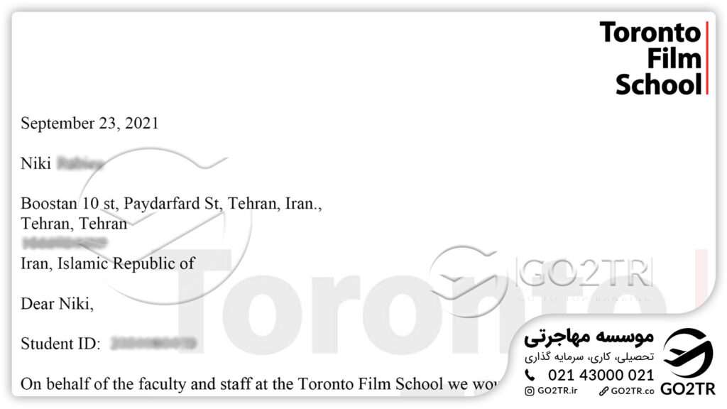 اخذ نامه پذیرش از مدرسه فیلمسازی تورنتو کانادا توسط کارشناسان GO2TR