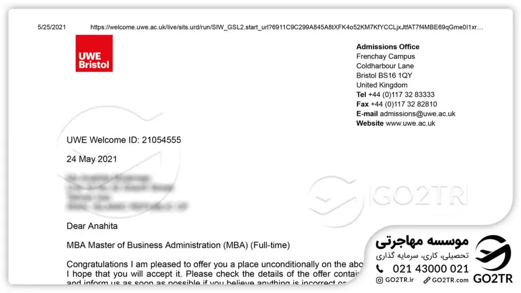 اخذ پذیرش از دانشگاه بریستول انگلستان توسط کارشناسان GO2TR