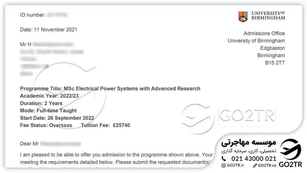اخذ نامه پذیرش از دانشگاه بیرمنگام انگلستان توسط کارشناسان GO2TR