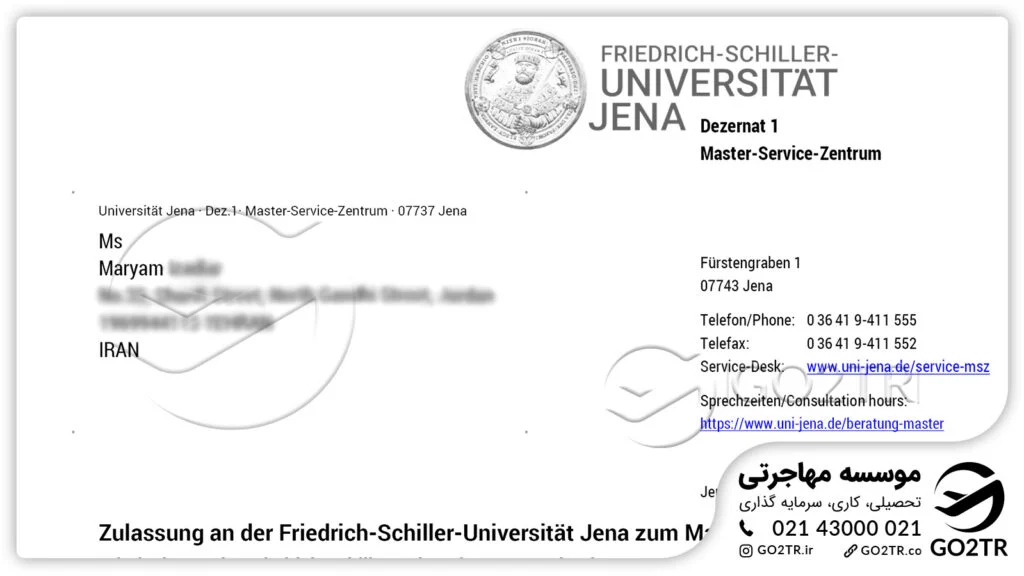 نامه اخذ پذیرش از دانشگاه ینا آلمان توسط کارشناسان Go2TR